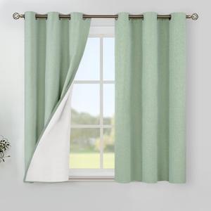 YoungsTex Light Green Linen 100% Blackout Curtains 40 Inch Length, Short Thermal Insulated Drapes with Grommet Privacy for Bedroom Window, 2 Panels, 42 X 40 Inch