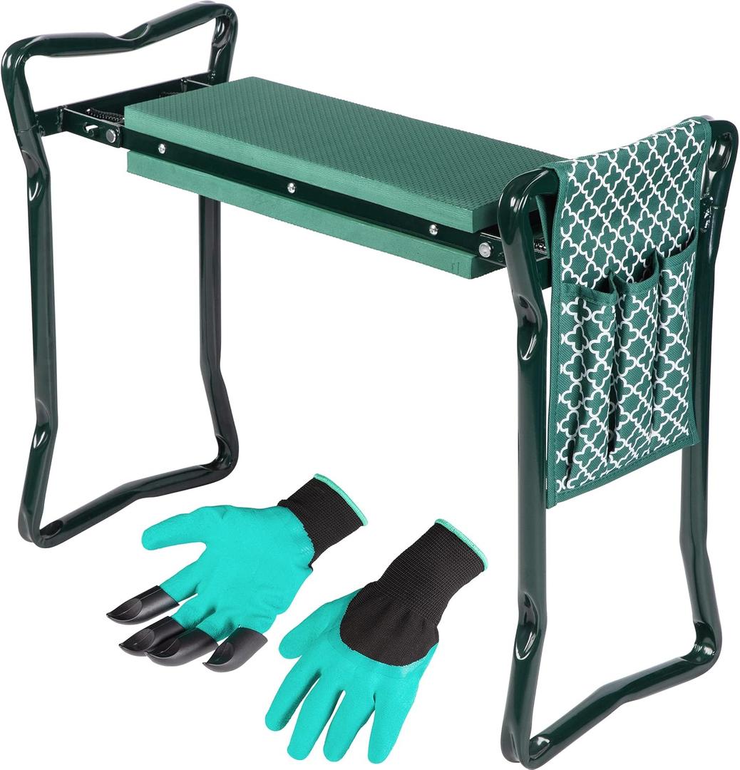 Abco Tech Garden Stool & Kneeler - Kneeler & Stool for Gardening, Foldable Garden Seat for Storage, Garden Kneelers for Seniors, Great Gardening Gifts for Women, Bench Comes with Tool Pouch & Gloves (Green)