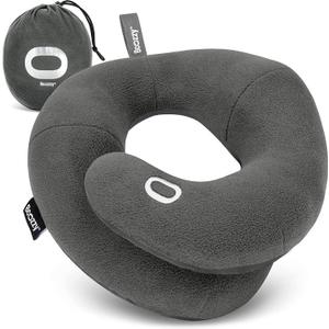 BCOZZY Travel Neck Pillow for Airplane  Patented Double Support for Head, Neck, and Chin. Best for Long Flights, Plane Sleeping, and Car Rides. Adjustable Size. Fully Washable. Carry Bag. Large, Gray