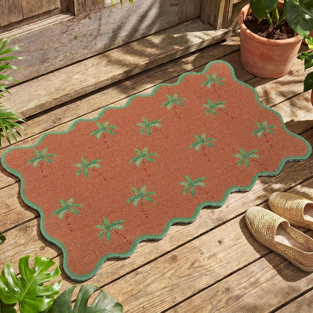 Dunzy Palm Tree Doormat Scalloped Edge Welcome Mat for Front Door, Non Slip Outdoor Entryway Rug, Green Summer Faux Coir Floor Mat for Patio Porch Decor, Heavy Duty Weather Resistant 29 x 16.5 Inch
