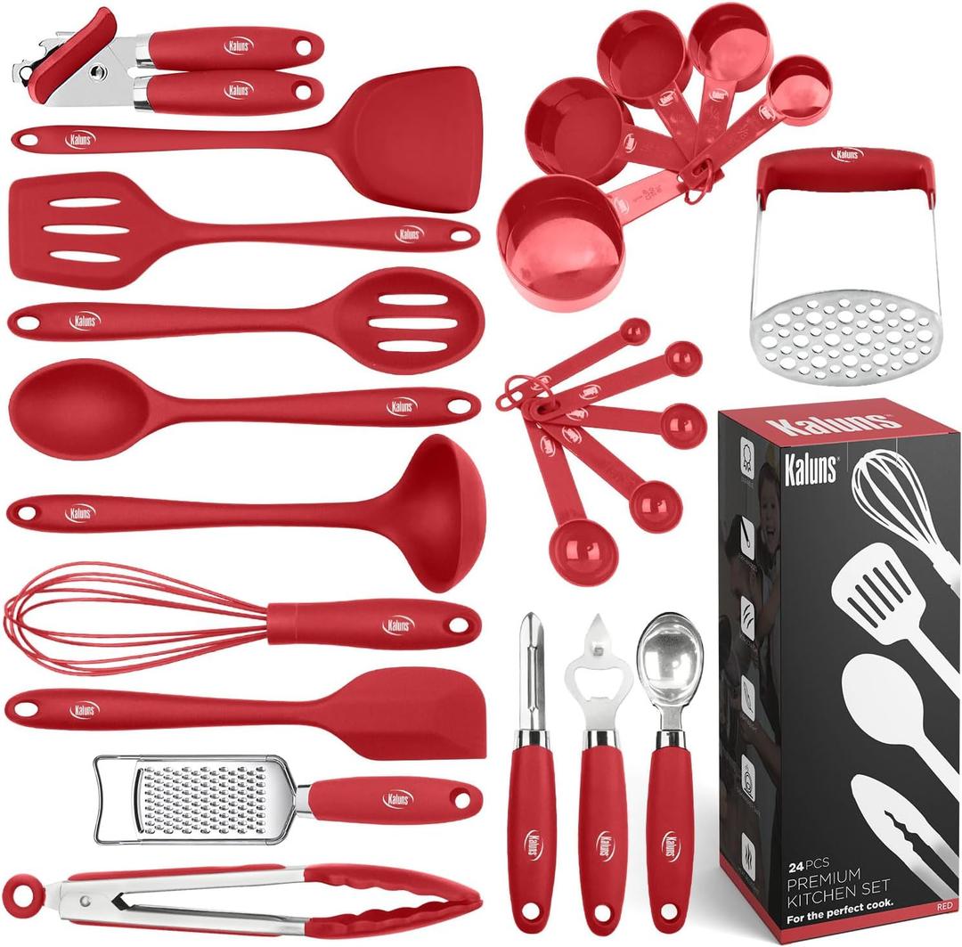 Kaluns Silicone Kitchen Utensils Set 24 Pcs Silicone Cooking Utensils Set - Can Opener, Masher, Turner, Spatula 446F Heat Resistant Non-Stick - Premium Silicone and Stainless Steel Utensil Set (Red)