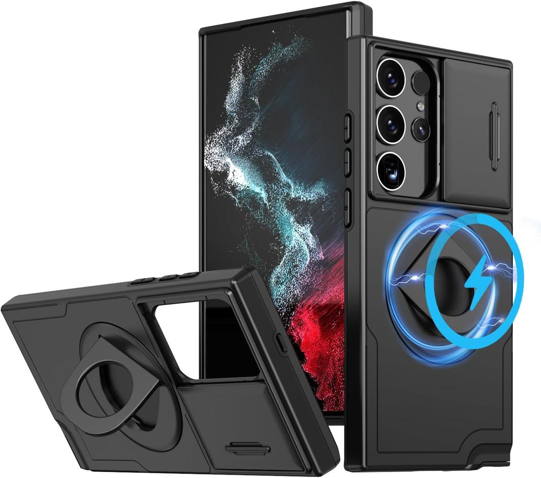ANNGELAS for Samsung Galaxy S23 Ultra Mag Safe Kickstand Case with Slide Camera Cover,Slim Shockproof Military Heavy Duty Anti Drop Full Body Protection,360 Rotating Stand Magnetic Phone Case(Black)