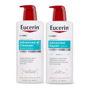 Eucerin Advanced Repair Unscented Body Lotion for Dry Skin (16.9 Fl Oz) + Advanced Cleansing Body and Face Cleanser for Sensitive Skin, Fragrance Free (16.9 Fl Oz)