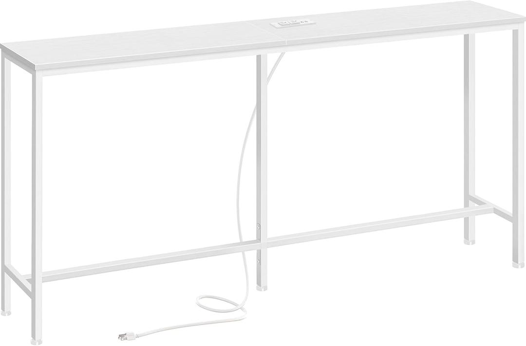 SUPERJARE Console Table with Outlet, 63 Inch Sofa Table with Charging Station, Narrow Entryway Table, Skinny Hallway Table, Behind Couch Table, for Living Room, Plants, White (7.9"D x 63"W x 31.5"H) White