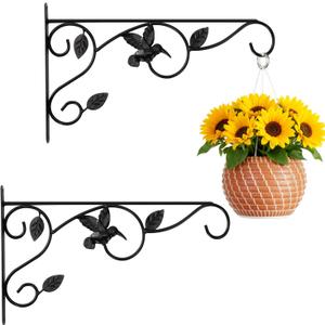 Elegant Bird Pattern Wall Hooks - Metal Plant Hangers for Indoor & Outdoor - Rust-Resistant Bracket for Plants, Feeders, Chimes, Lanterns (Black, 2 Pack - 14 inch)