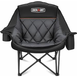 Overmont Oversized XL Camping Chair for Adults - 400lbs Support Heavy-Duty Padded Folding Chair with Side Pocket Cup Holder Cooling Bag for Outdoor Sports Garden Beach Fishing Lawn Black