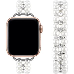 Elastic Pearl Beaded Band Compatible with Apple Watch 38mm 40mm 41mm, Woman Sparkling Bling Diamond Chain Solo Loop Stretch Bracelet Strap Replacement for iWatch Series 9 8 7 6 5 4 3 2 SE (White Silver)