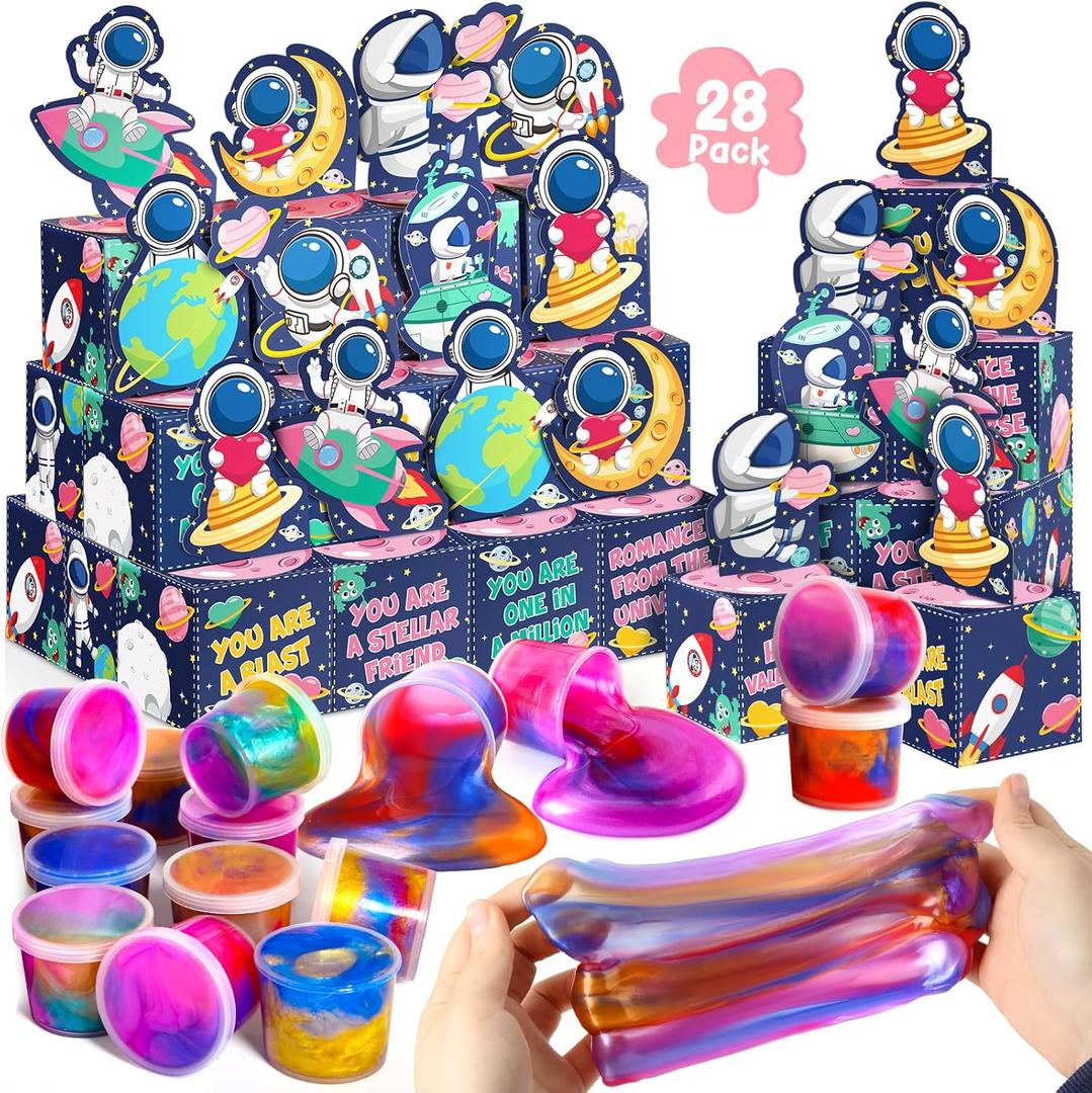 28 Pack Valentines Day Gifts for Kids Classroom Galaxy Slime with Valentines Day Cards Space Gift Boxes, Valentine for Kids Classroom Class Exchange Gifts Prizes School Favors Favors for Boys Girls