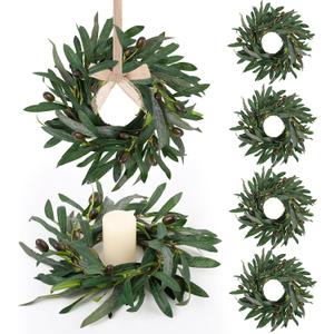 6 Pcs Artificial Spring Olive Candle Rings Wreaths Greenery Wreath with Olive Leaves Spring Summer Kitchen Cabinet Wreath for Pillars Farmhouse Festival Wedding Celebrations Tabletop Decoration