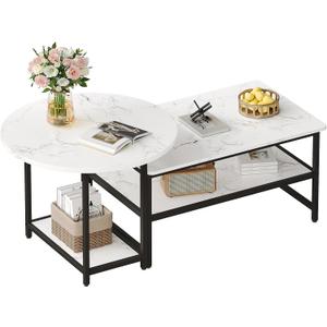 WOHOMO 48IN Faux Marble Wood Coffee Table with Adjustable Shelf, White Nesting Tables 2 in 1, Small Coffee Tables for Living Room