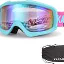 Karsaer Ski Goggles Anti-Fog Snow Goggles OTG 100% UV Protection Snowboard Goggles Bendable Dual-Lenses for Men Women Youth (Matte Mint Blue Frame Green Mirrored Lens Vlt 49%)