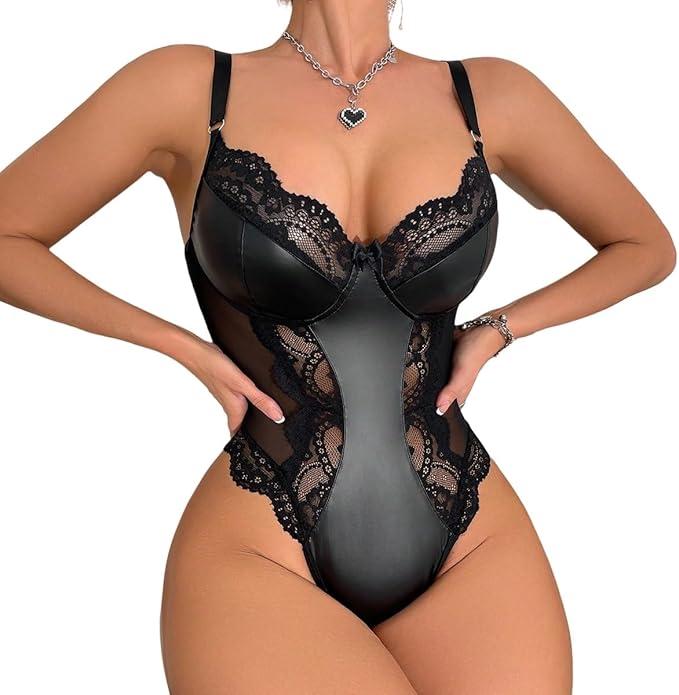 Lingerie for Women Sexy Leather Lace Bodysuit Push Up Snap Crotch Teddy One Piece Babydoll, Medium