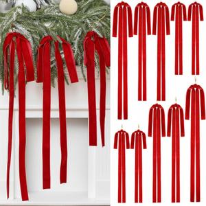 Janinka 12 Pcs 3 Sizes Red Velvet Bows Christmas Tree Ornaments Vintage Christmas Ribbon Bow for Tree Garland Rustic Wreath Indoor Xmas Decoration