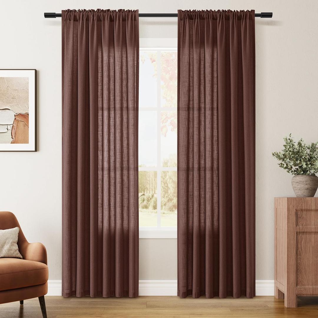 Guken Rustic Brown Linen Curtains 84 Inches Long 2 Panel Set Rod Pocket Semi Sheer Dining Room Cozy Bedroom Decor Cotton Look Country Rustic Farmhouse Boho Curtains 52x84