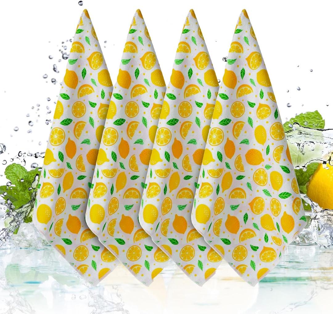2 x Lemon Kitchen Towels 4 Pack | 16"x28" Absorbent Dish Cloths Set, Super Soft Decorative Towels for Cooking, Cleaning, Drying Dishes - Lemon Print