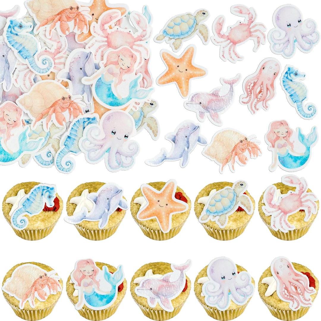 Gyufise 60Pcs Edible Mermaid Cupcake Toppers Octopus Seahorse Turtles Cupcake Picks Edible Under the Sea Party Decorations for Ocean Animal Theme Baby Shower Birthday Party Cake Decoration Supplies (Purple)