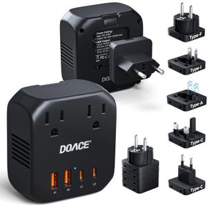 DOACE 2000W Voltage Converter US to Europe - 220V to 110V Converter for European Travel, Power Converter Adapter Combo with 2 PD/2 QC/EU/UK/AU/IT Travel Plugs for Hair Dryer Laptop, Camera, Cell Phone