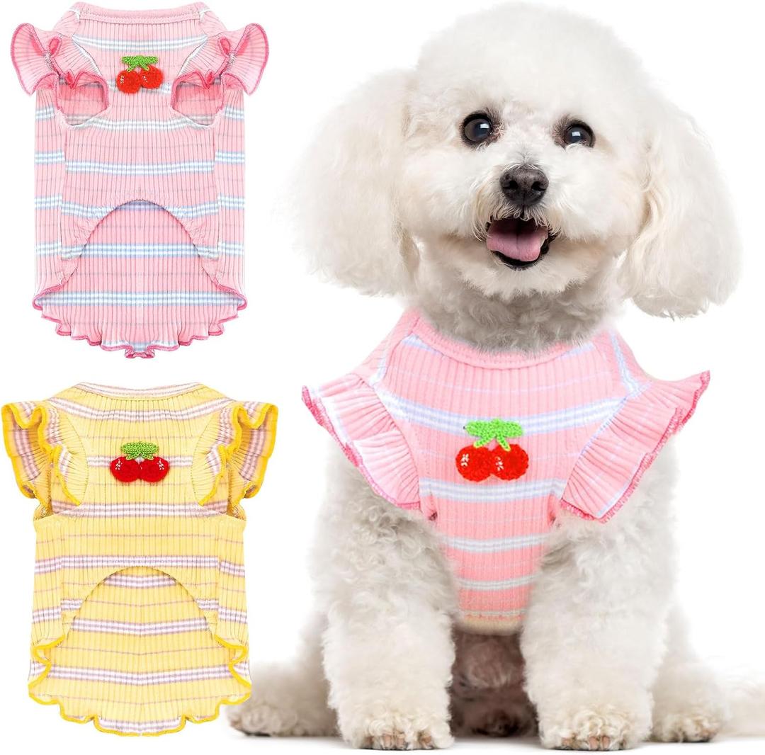 2 Pack Striped Dog T Shirt Cute Cherry Girl Dog Clothes for Small Dogs Cats Breathable Soft Cotton Pet Puppy Sleeveless Vest Spring Summer Pet OutfitsPink+Yellow,Small
