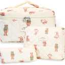 3Pcs Quilted Makeup Bag - Cotton Large Floral Makeup Bag, Travel Cosmetic Bag Cute Flower Aesthetic Floral Toiletry Organizer Bag Set for Women (02White-Bear)