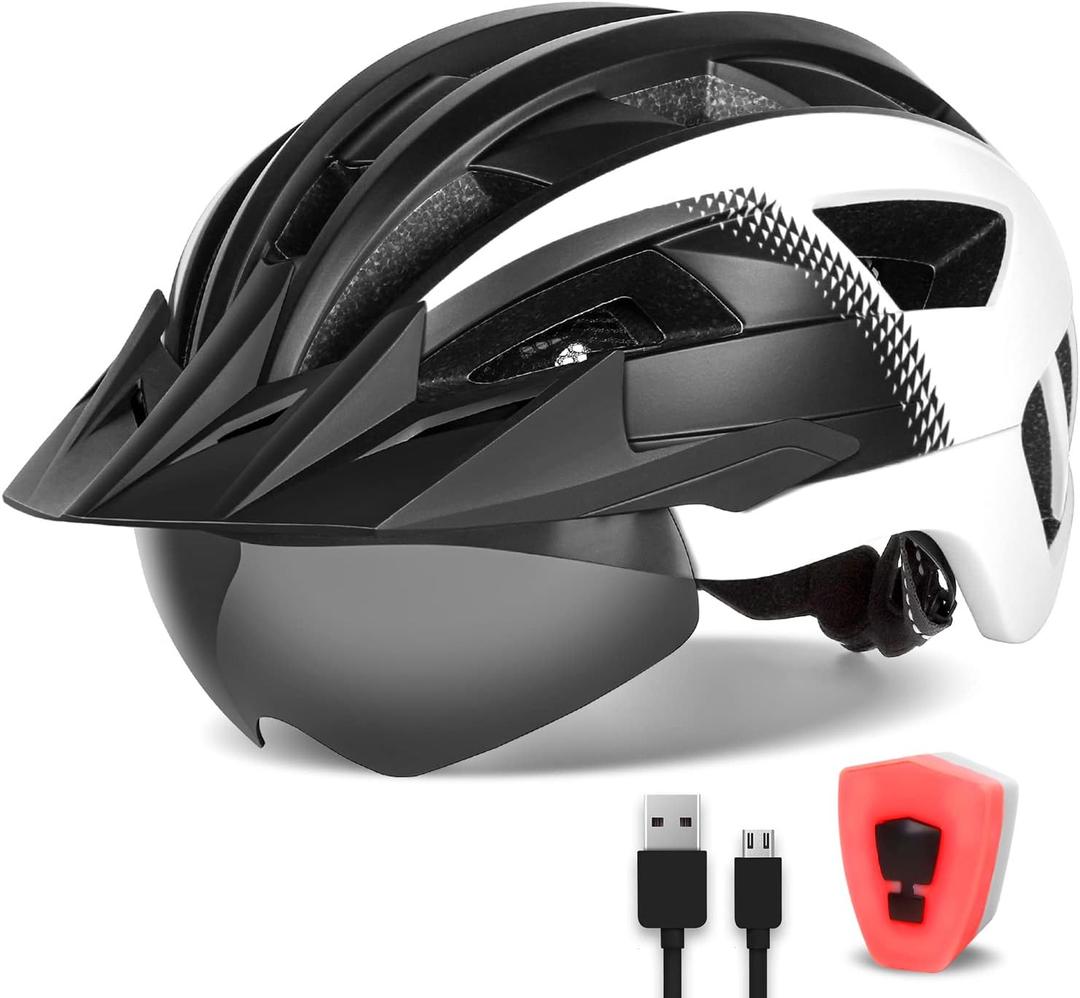 Adult Bike Helmet with Visor and Goggles for Men Women Mountain Road Bicycle Helmet Rechargeable Rear Light Cycling Helmet (L: 57-61 cm (22.4-24 inches), Black White)