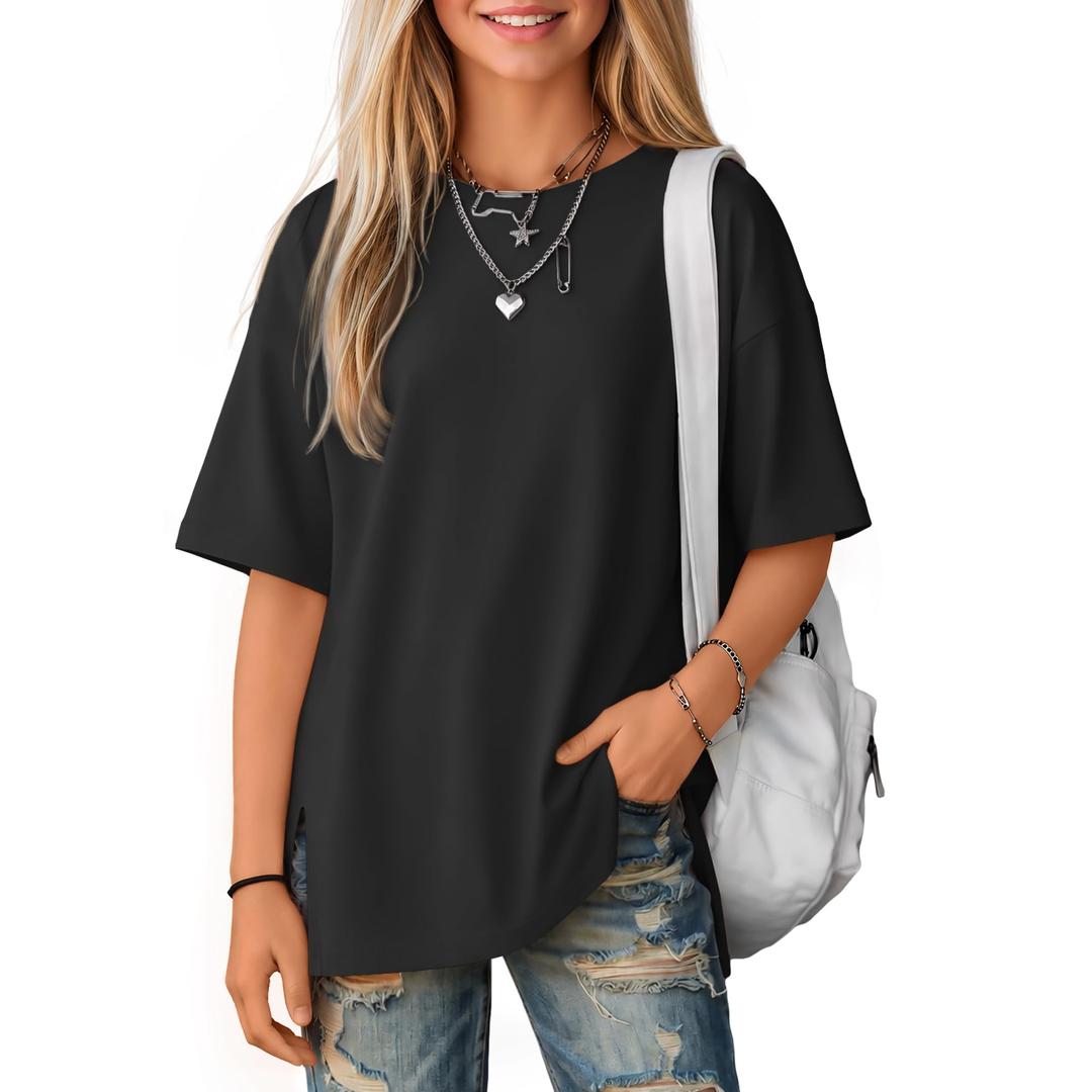 Yooo's Vivi Girls Oversized T Shirts Short Sleeve Crewneck Kids Summer Tops Teen Casual Basic Tees 5-14 Years(11-12 Years,Black)