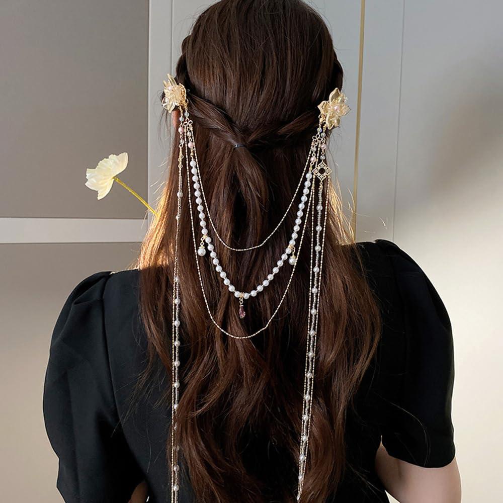 Wiwpar Hair Clip with Long Tassel Flower Butterfly Hair Barrettes, Pearl Chain Butterfly Hair Styling Accessories for Women Girls, 20.4*7.8in (52*20cm), Gold