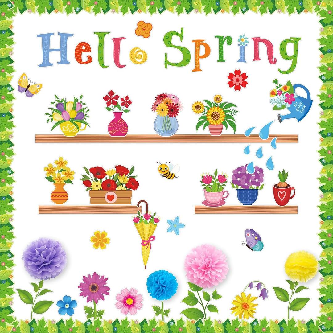 73Pcs Hello Spring Bulletin Board Decorations Set, Colorful Flower & Butterfly Classroom Door Wall Chalkboard Decor with Floral Cutouts and Leaf Border for Spring School and Office