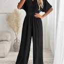 LOOKBOHO Women's One Piece Jumpsuits Dressy Casual V-Neck Batwing Short Sleeve Wide Leg Elegant Ladies Jumpsuit Rompers (Black), XXL