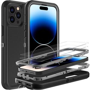 for iPhone 14 Pro Max Case, Military Grade 3 in 1 Heavy Duty Shockproof/Drop Proof/Dust Proof Case with 2Pcs Tempered Glass Screen Protector (Black/Grey)