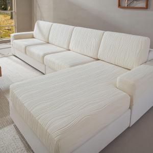 QIANMEW Couch Cushion Covers, Super Stretch Washable Sofa Slipcovers for L Shaped & Modular Seats, Pet-Friendly Furniture Protector with Stripe Design, (2 Seat Covers S, Ivory)