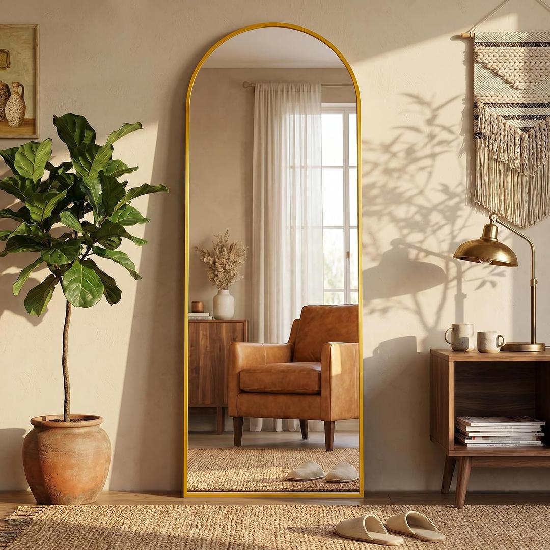 59"×19" Arched Full Length Floor Mirror, Standing Mirror with Aluminum Frame, Large Body Mirror of Free Standing/Wall Mount/Leaning for Bedroom, Living Room, Dressing Room, Gold