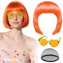 PLULON Orange Bob Wig with Heart Sunglasses and Hair Cap, Colorful Short Bob Wigs Synthetic Party Wigs Funny Cosplay Hairpieces for Women Men Neon Bachelorette Halloween Costume Party Decorations