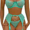 Aranmei Womens Sexy Eyelash Fishnet Lingerie Set Chain Babydoll Underwire Bra and Panty Sets with Garter Belt 4 Pieces (Medium, Light Green)