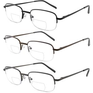 Bifocal Reading Glasses for Men,Lightweight Metal Clear Top Bi-focal Readers Half Frame Far/Near Dual-use Eyeglasses