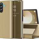 Galaxy Z Fold 7 Cover Cases Compatible with Samsung Z Fold 7 Flip Cell Phone Case Clear View Mirror Flip Cover PU Leather with Kickstand Protective Cover for Samsung Galaxy Z Fold 7 (Gold)