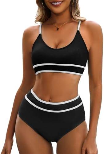 Century Star High Waisted Bikini Sets for Women Sporty Two Piece Swimsuit Ribbed Color Block Bathing Suit Extra Large,  Black  And White 