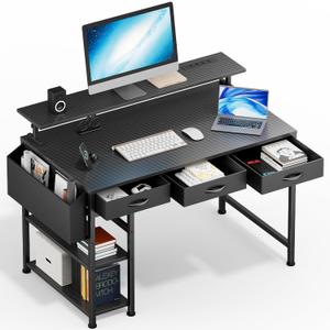 Black Gaming Desk with LED Lights and Power Outlets, 47 Inch Computer Desk with 3 Drawers and Adjustable Monitor Stand, Home Office Desks with Charging Station USB Port, Study Writing Table