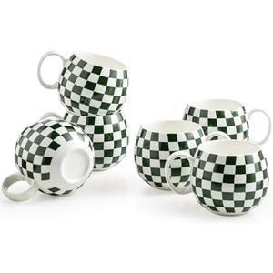 LAUCHUH 18oz Coffee Mugs, Large Coffee Cups Ceramic Checkered Cappuccino Cups with Handle Mug Set of 4 for Thanksgiving, Christmas, Tea, Cocoa, Milk, Green and White