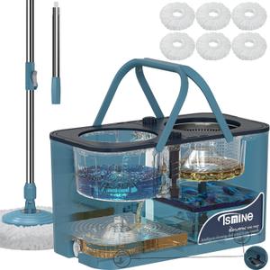 Gen 1 Large-Capacity Spin Mop and Bucket – for Big Homes & Deep Cleaning Days, 4-Chamber System Separates Dirty & Clean Water, 2-GAL Heavy-Duty Design with Wheels & 6 Refill Mop Heads - Blue/ Grey