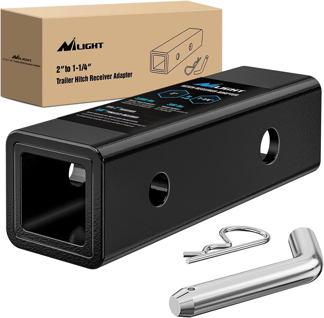 Nilight Trailer Hitch Receiver Adapter Reducer Sleeve 2 to 1-1/4 Inch with 5/8" Hitch Pin and Clip Hitches Towing Accessories for Tractor Bucket RV UTV Truck Bike Rack Cargo Carriers Carbon Steel