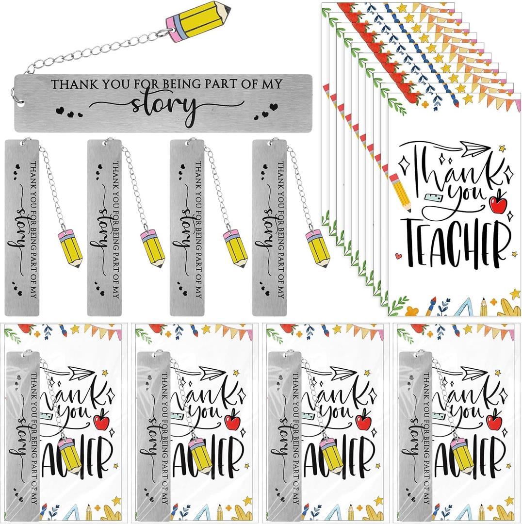 Skyygemm Teacher Gifts Metal Bookmarks with Pencil Pendent Thank You Card Appreciation Gift from Students 2025 Preschool Teacher Retirement Christmas Birthday School Office Supplies (20 Sets)