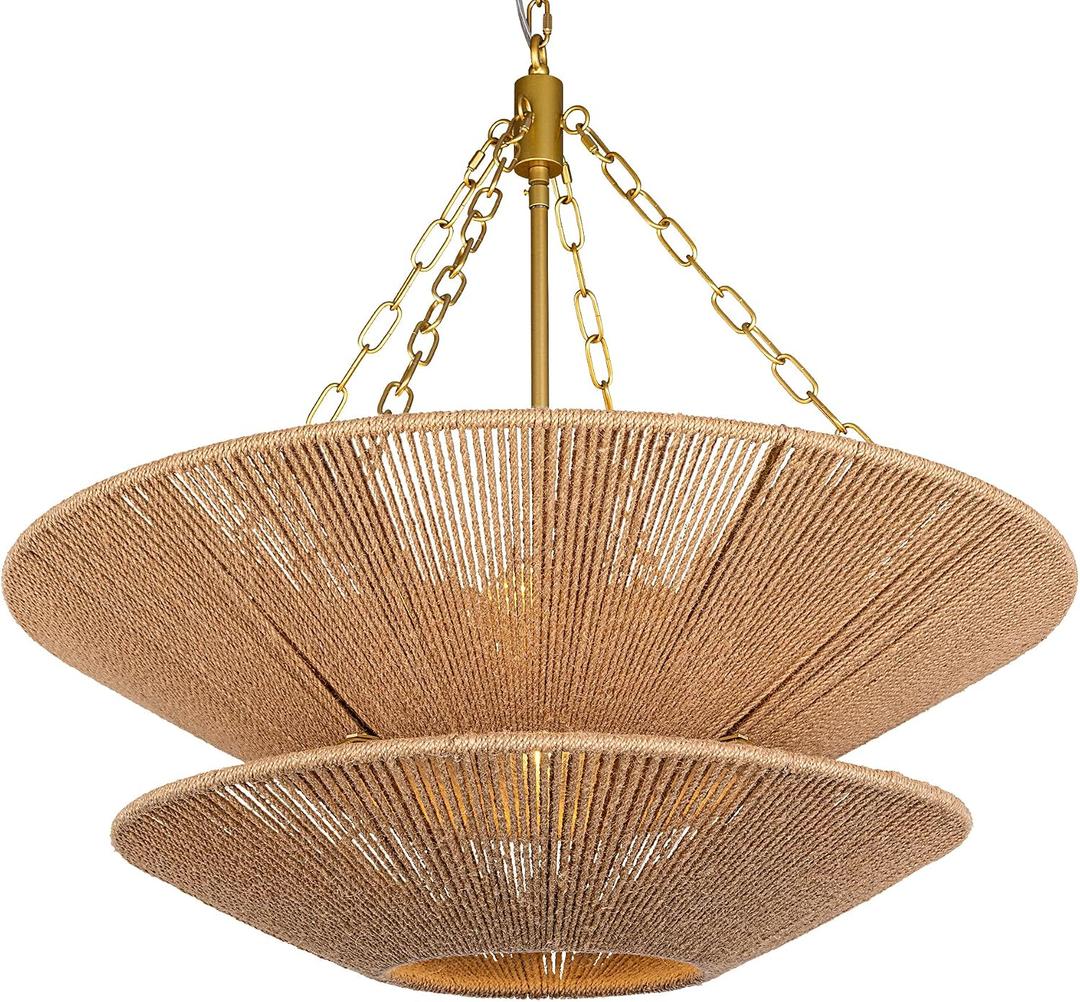 Wellmet Boho Chandelier Light Fixture 30 Inch, Farmhouse Rattan Pendant Light for Dining Room, Rustic Round Chandeliers for Living Room, Bedroom, Kitchen Island