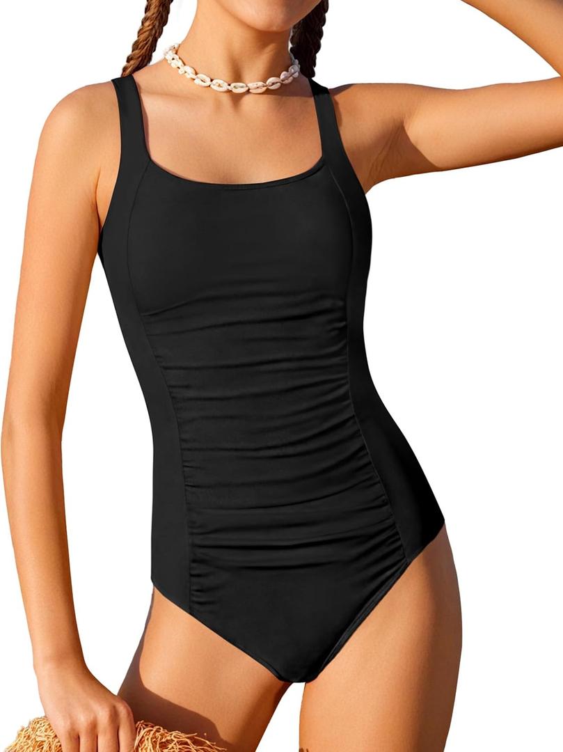 BAVEDER Girls Swimsuit One Piece Swimsuits Solid Ruched Bathing Suit for Girls Full Coverage Modest Padded Swimwear 13-14Y