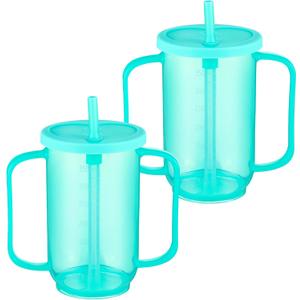 Sliner 2 Pcs Adult Sippy Cups for Elderly, 12 oz Plastic Spill Proof Cups with 2 Handles Straw and Lid for Adults Hospital Disabled Dysphagia Patients (Blue)