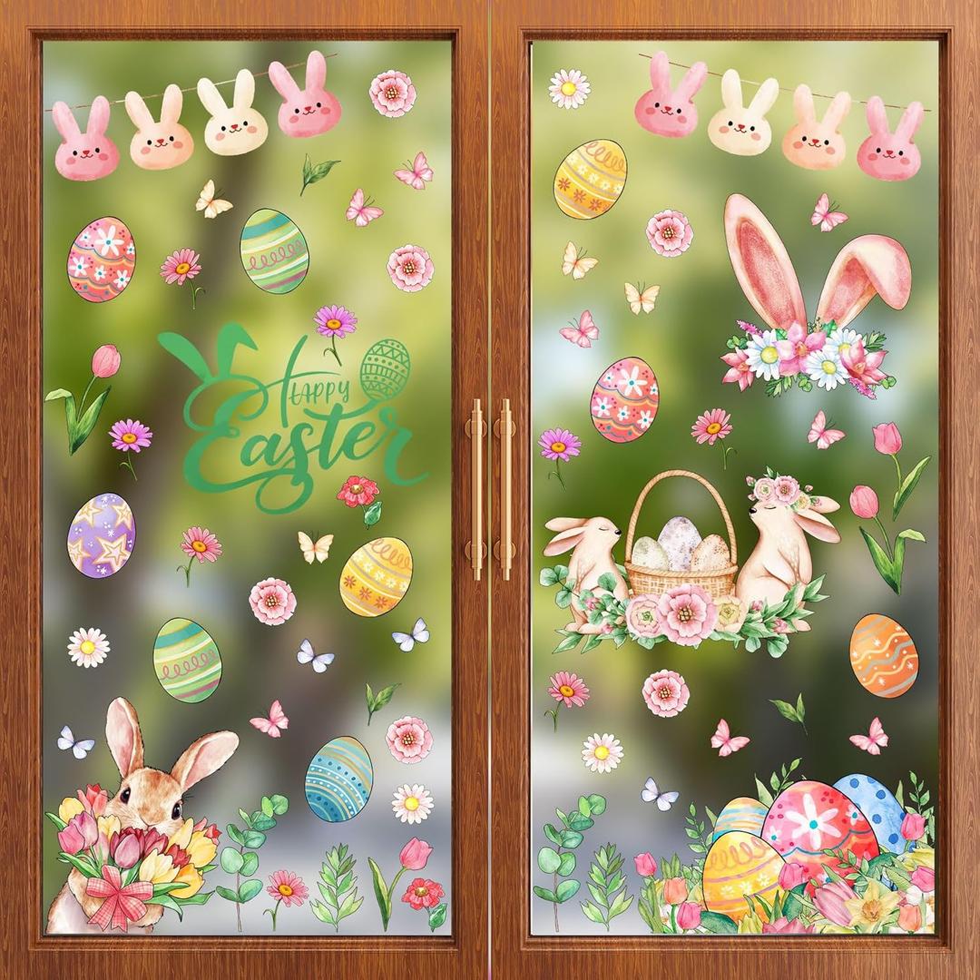6 x ZAWE 9 Sheets Bunny Eggs Flowers Rabbit Easter Window Clings Double-Sided Reusable Static Window Decals Stickers for Party Home Classroom Office Decorations
