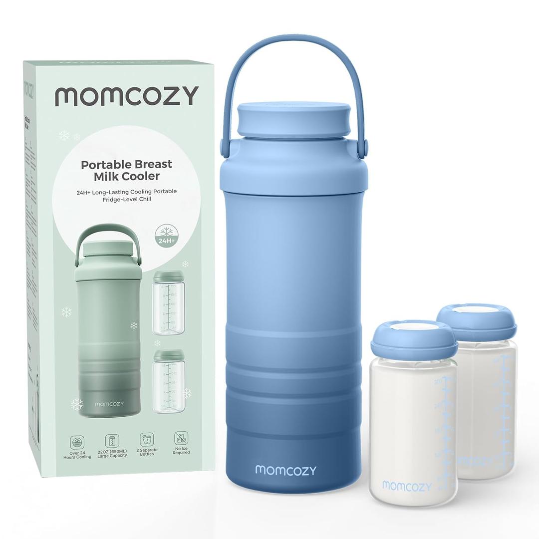 Momcozy 22 Oz Portable Breast Milk Cooler for Outdoor, Life Saver with 360 Total Cooling for 24 Hours, Larger Capacity Travel Breastmilk Chiller with 2 Pcs Baby Bottles for Breastmilk Storage, Blue