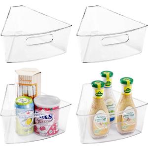 Oubonun Lazy Susan Organizers Set of 4, 10.2x 9.4x 4 Plastic Transparent Kitchen Cabinet Storage Bins with Handle, 4" Deep Container, 1/8 Wedge - Food Safe, without BPA