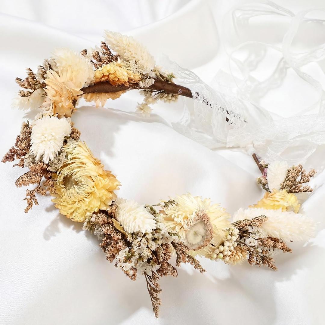 Nuanchu Dried Flower Wedding Headband Flower Crown Real Floral Bridal Bridesmaid Headpiece with Ribbon Maternity Photo Props (White,Charming)