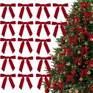 24pcs Christmas Red Bows Ornament 4.5x4.5 Inch Velvet Wreath Bows Xmas Tree Topper Ribbon Hanging Bows for Christmas Holiday Home Outdoor Indoor Party Garland Crafts Decoration