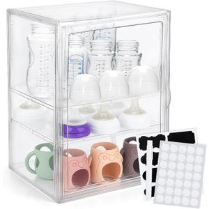 BUSOHA Baby Bottle Organizer  3-Tier Space-Saving Stackable Drawer for Countertop Bottle Drying and Pump Parts Holder for Newborn Supplies with 8 PCS Chalkboard Labels 2 Removable Dividers (10.62" x 8.66" x 14.17", Transparent)